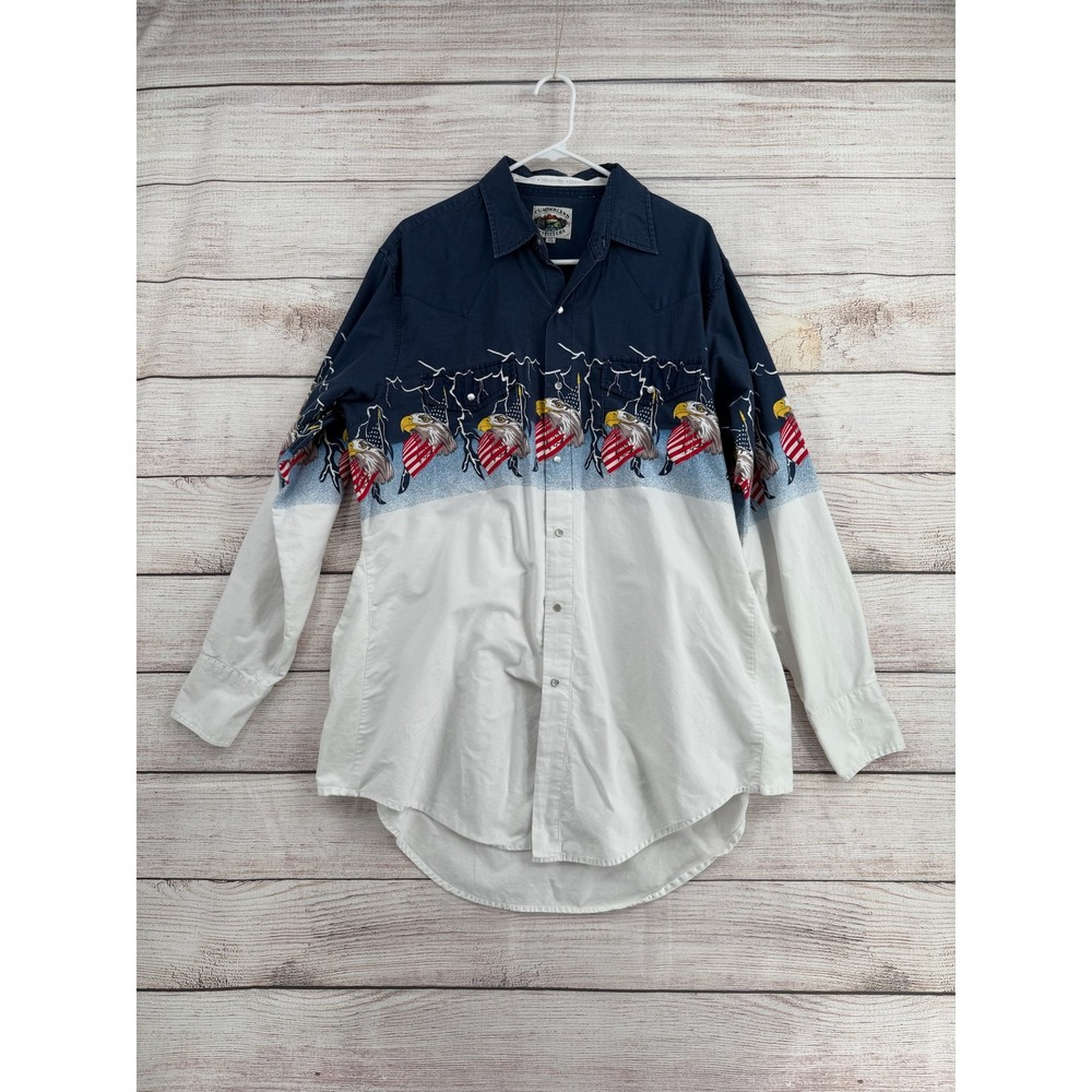Cumberland Outfitters Western Shirt Mens XL Navy White Eagle Flag Pearl Snap